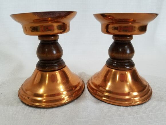 Other - Vintage Copper Plated & Wood Candle Holders